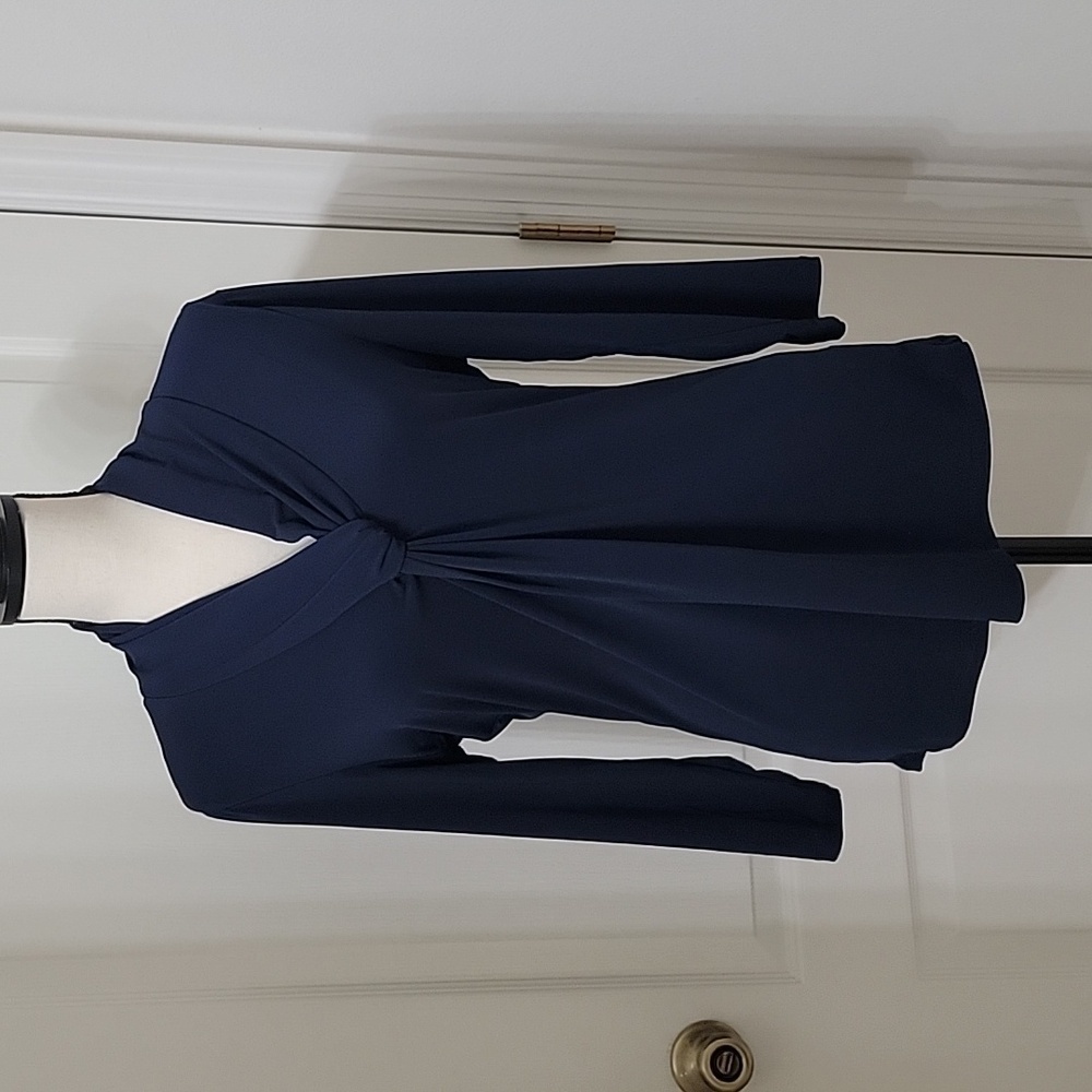 Premise Size L, Long Sleeve Twist Front Navy Blue V Neck Top, Exc. Used Cond.
